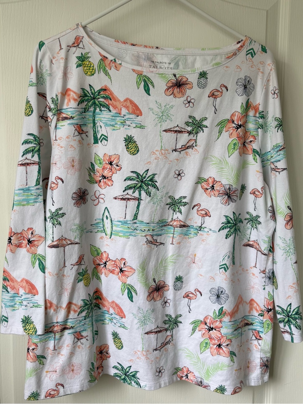 Talbots White Tropical Floral Tee with Green and Coral Accents